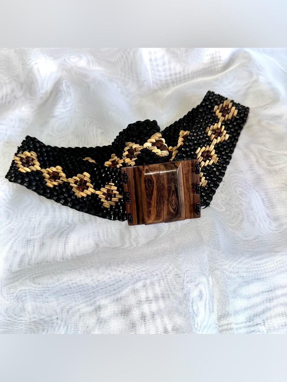 Vintage Woven Black Wooden Buckle Belt Boho Festival